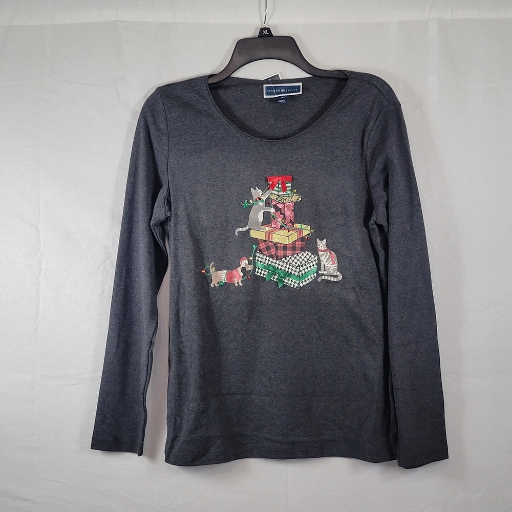 Karen Scott Graphic Holiday Cats T-Shirt Gray - Picture 3 of 5